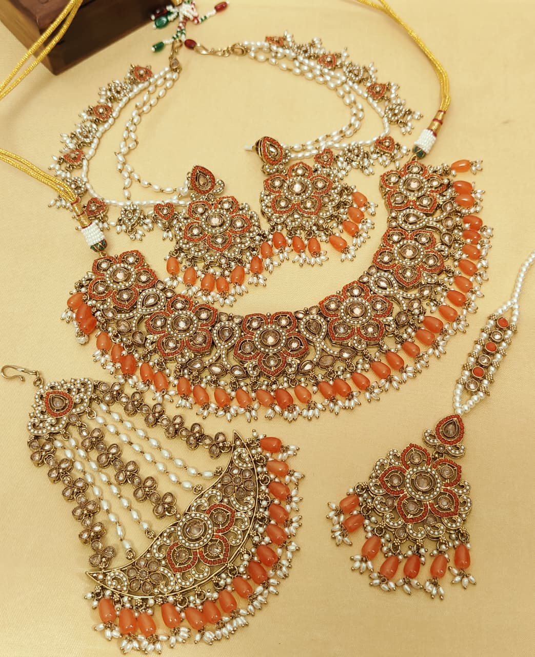 Beautiful Premium Quality Reverse Ad Stone Work Pakistani Necklace With Bahubali Earrings And Tika w